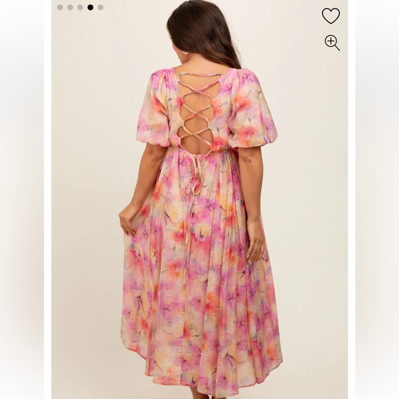 Pink Floral Square Neck Short Puff Sleeve Lace-Up Back Maternity Midi Dress - Picture 3 of 5